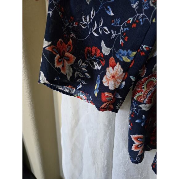 Womens 1X Navy, Rust Red, Faux Embroidery Fall Floral Tunic Top - Picture 2 of 9